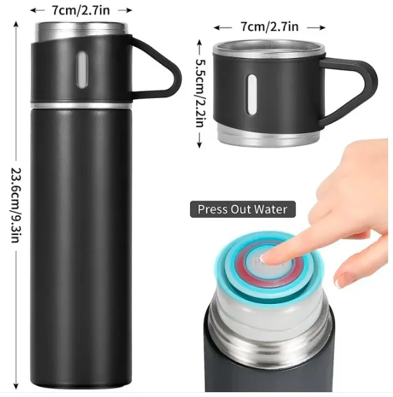 Garrafa Térmica 500ml com 3 Xícaras – Inox com Isolamento a Vácuo e Tampa Caneca - Imagem 3