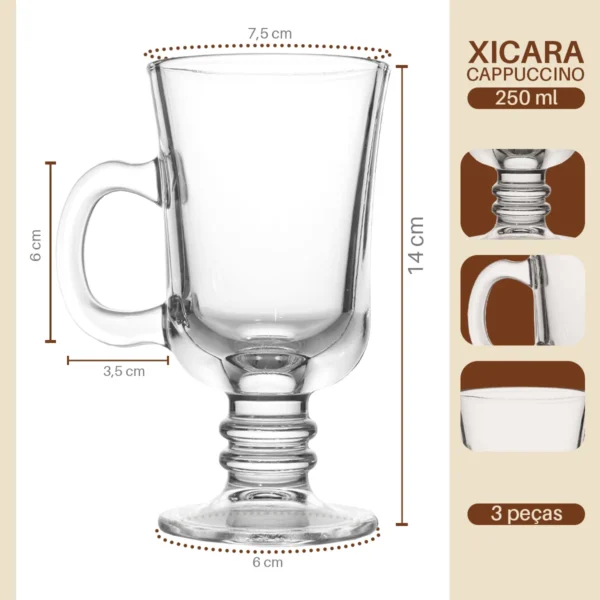 Canecas Vidro Cappuccino Chá Café 250ml Conjunto 3 Pçs - Imagem 3